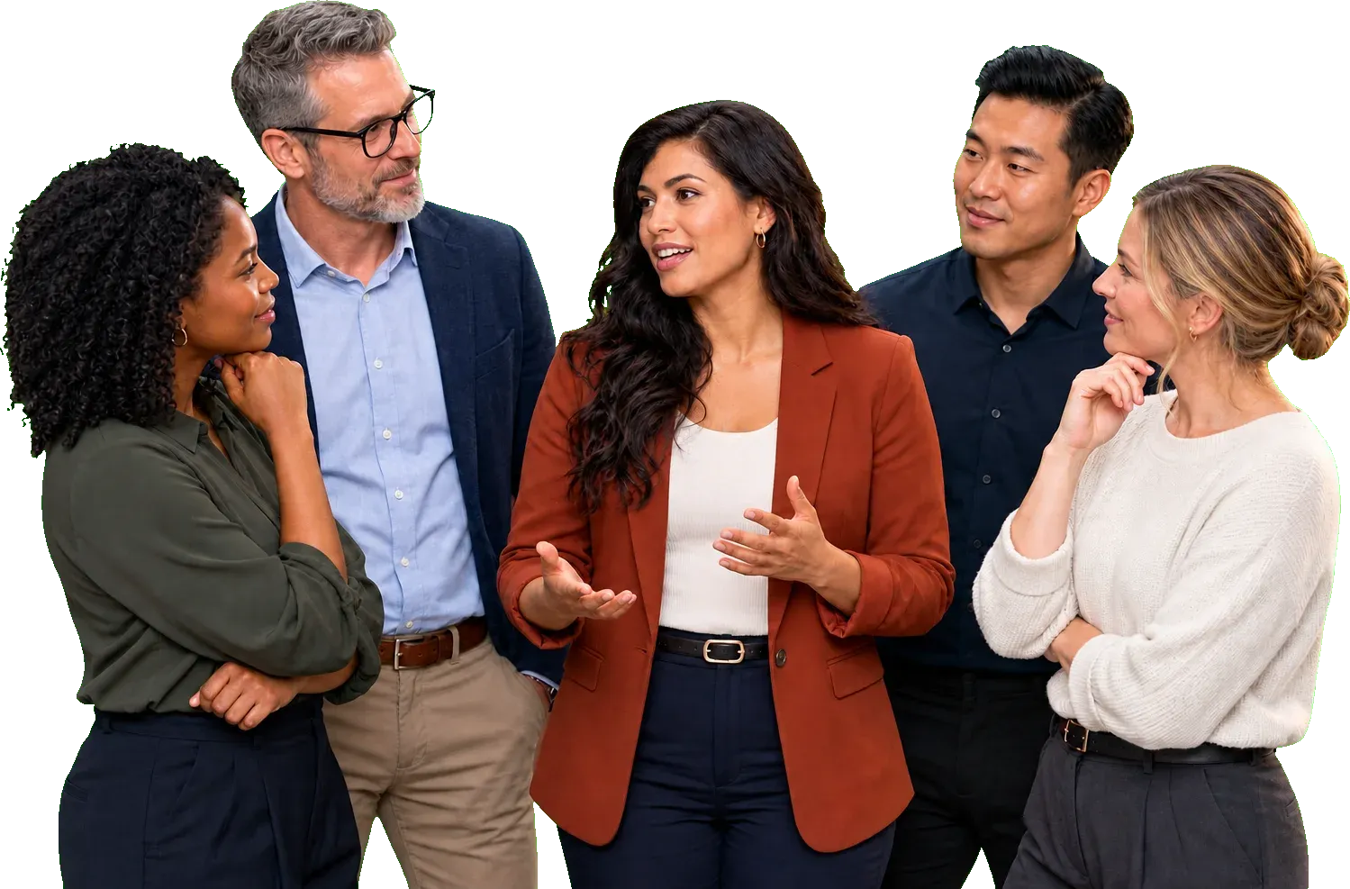 Five colleagues exchange perspectives around a central team lead.