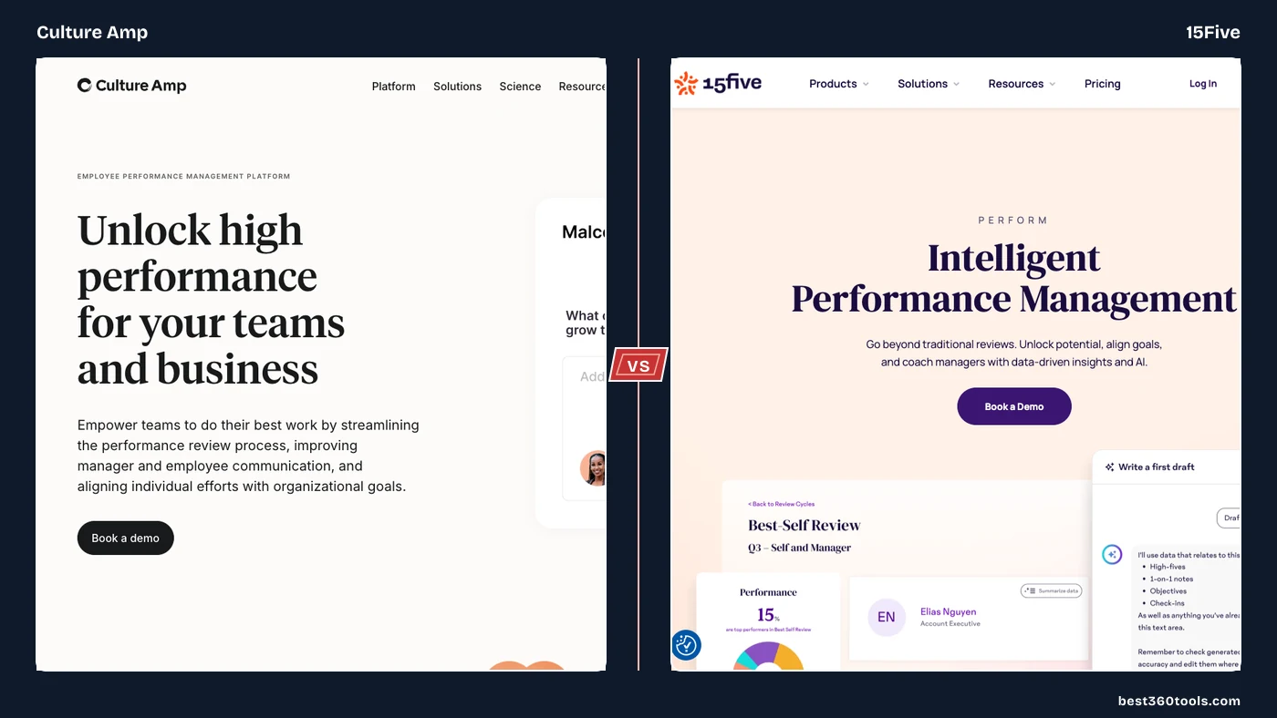 Culture Amp and 15Five product pages shown as crisp side-by-side panels with a centered VS spine.