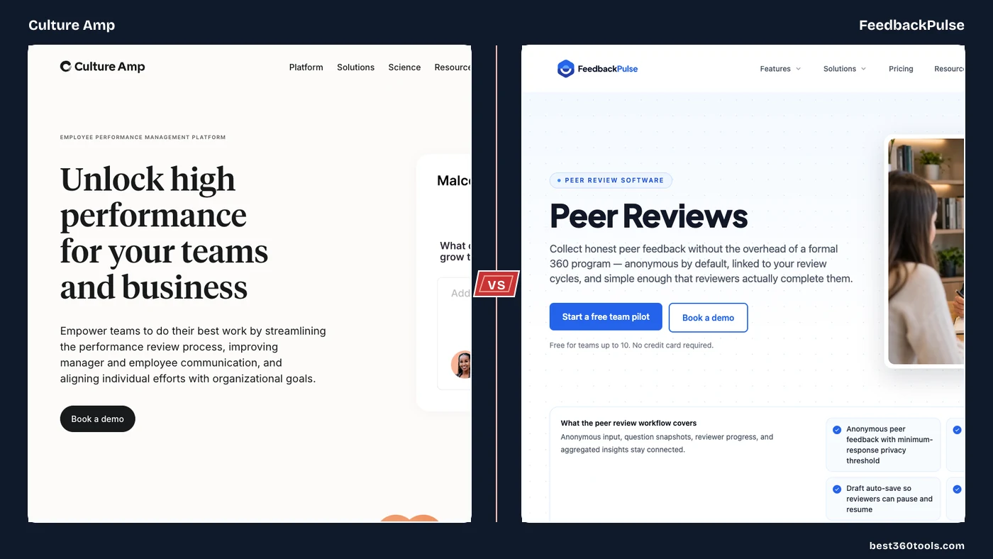 Culture Amp and FeedbackPulse product pages shown as crisp side-by-side panels with a centered VS spine.