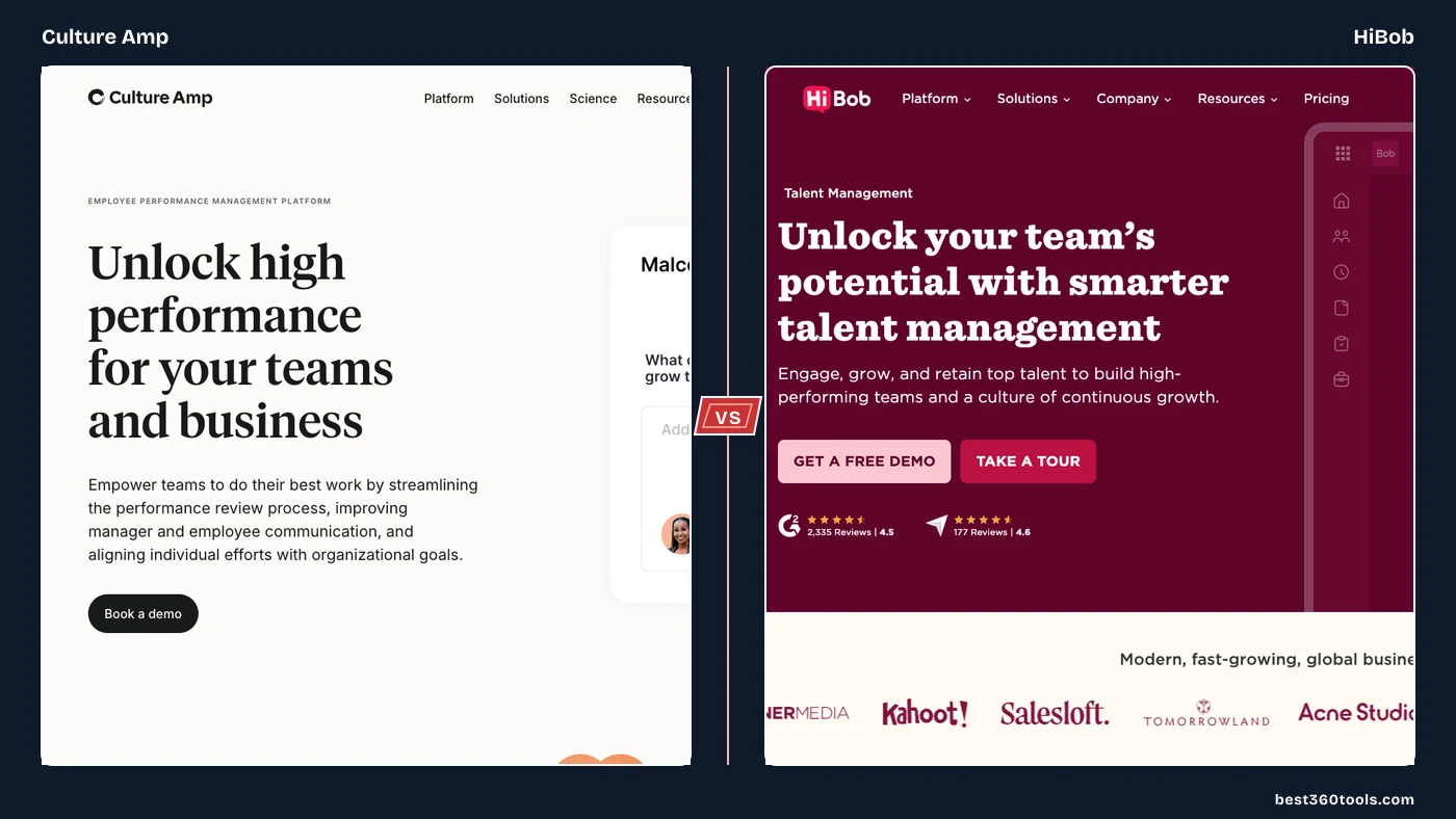 Culture Amp and HiBob product pages shown as crisp side-by-side panels with a centered VS spine.