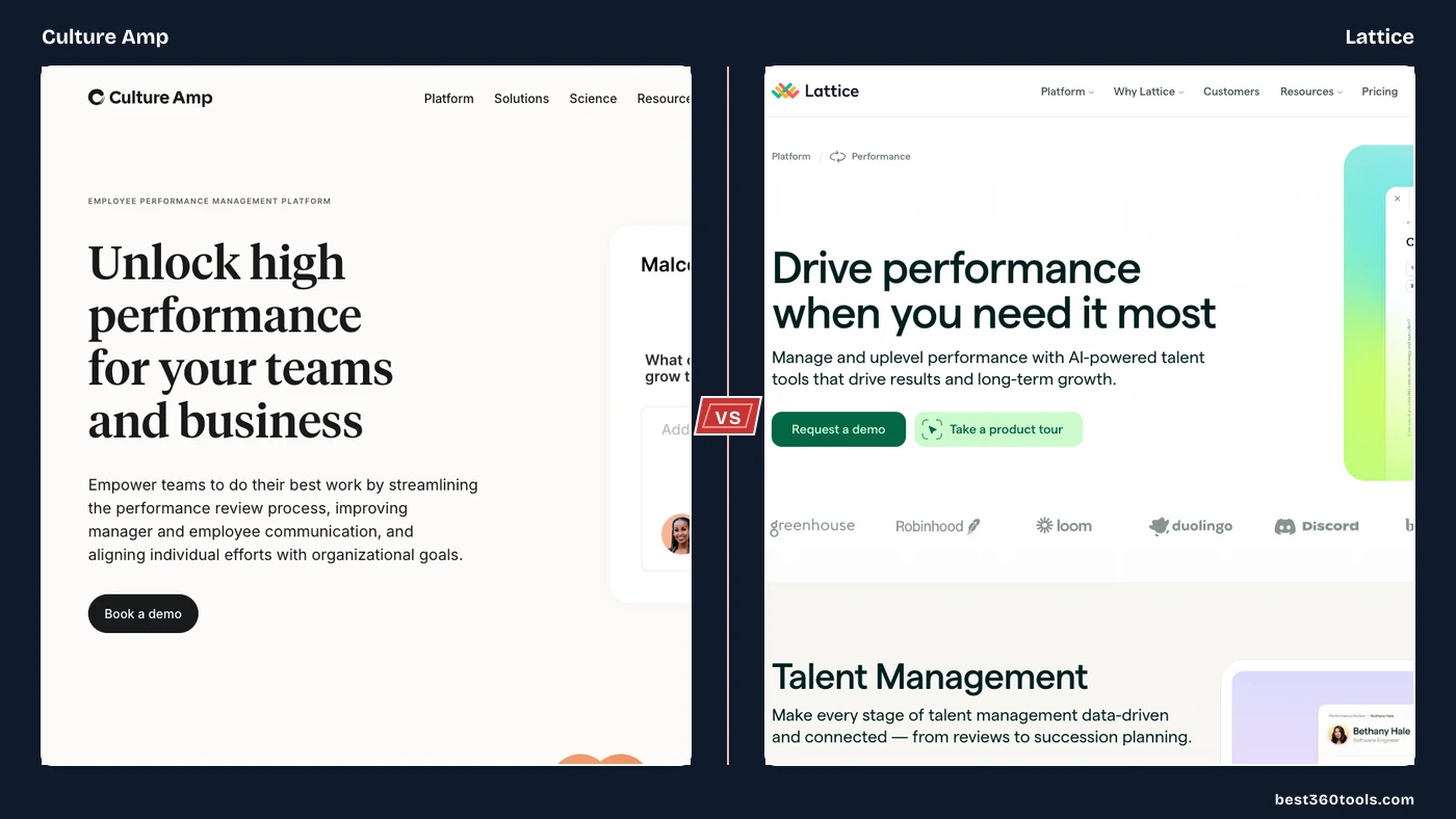 Culture Amp and Lattice product pages shown as crisp side-by-side panels with a centered VS spine.