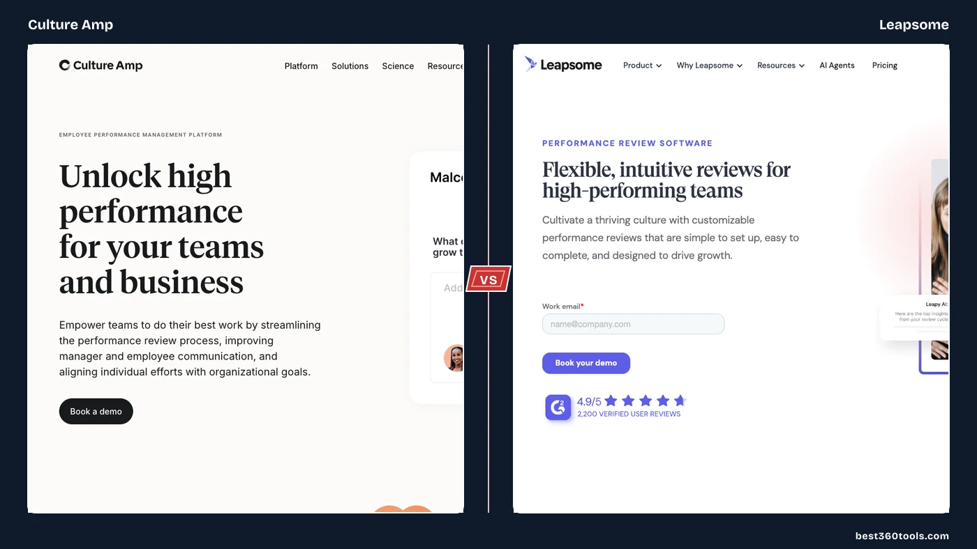 Culture Amp and Leapsome product pages shown as crisp side-by-side panels with a centered VS spine.