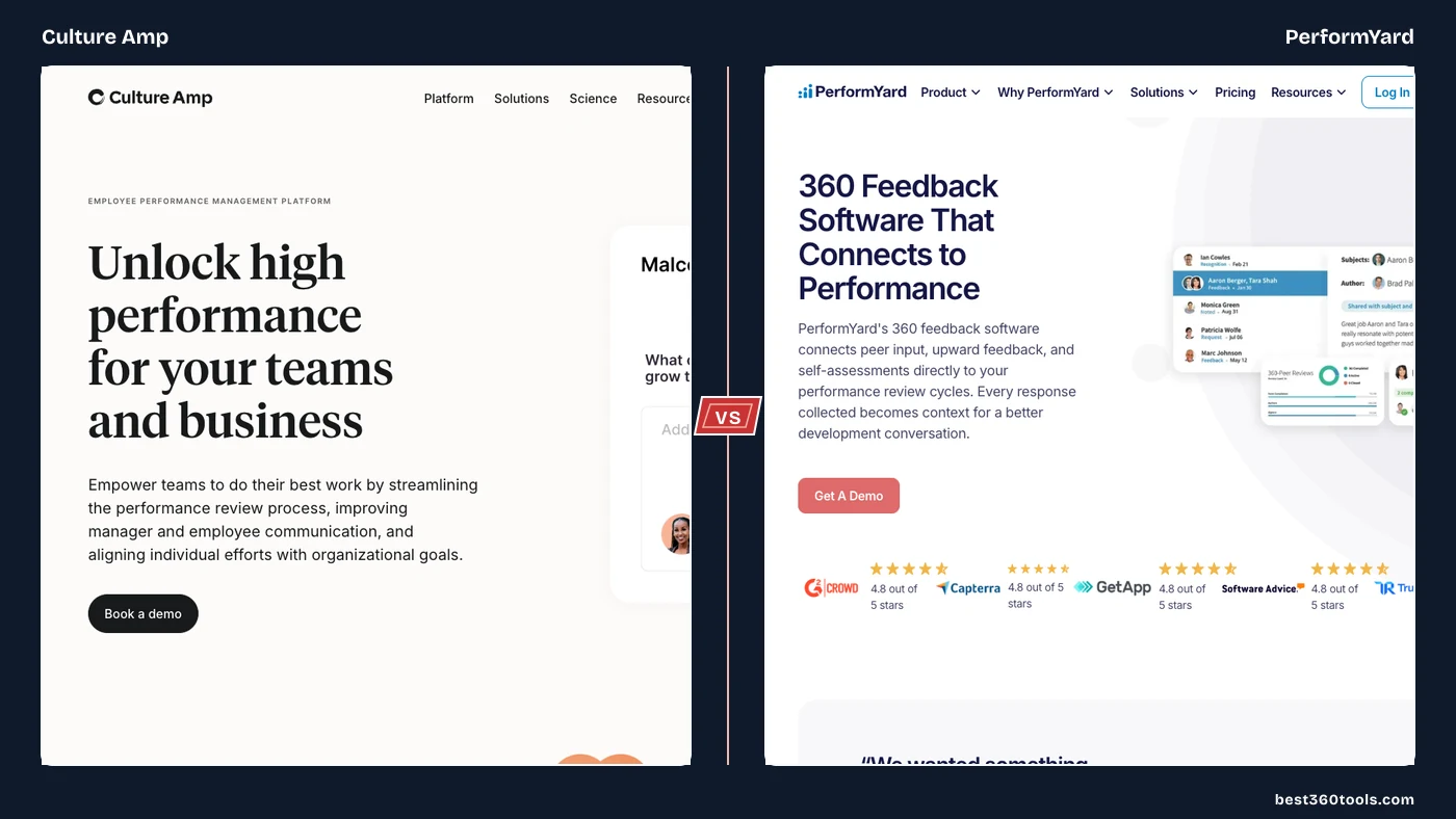Culture Amp and PerformYard product pages shown as crisp side-by-side panels with a centered VS spine.