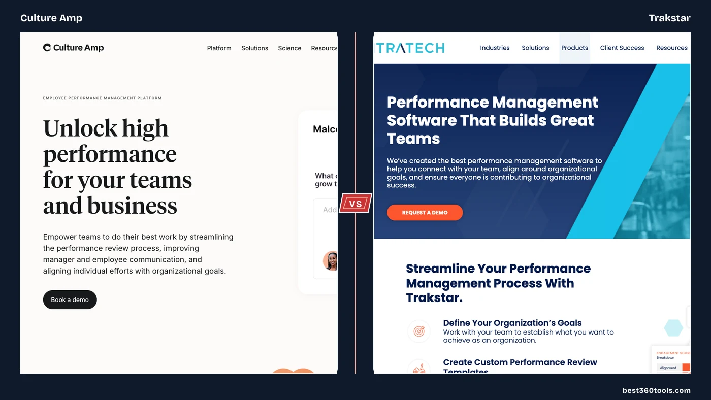 Culture Amp and Trakstar product pages shown as crisp side-by-side panels with a centered VS spine.