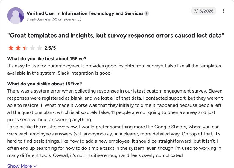 G2 review capture for 15Five from Verified User in IT Services