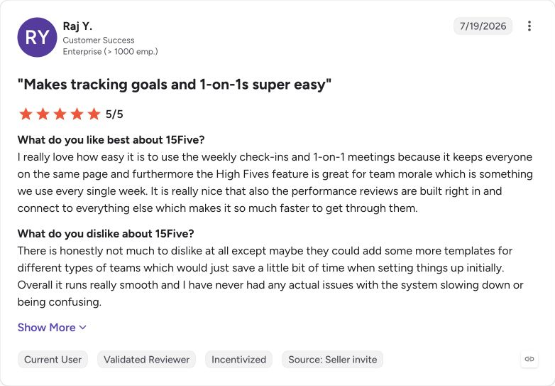 G2 review capture for 15Five from Raj Y.