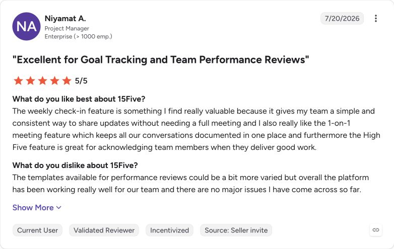G2 review capture for 15Five from Niyamat A.