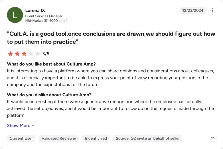 G2 review capture for Culture Amp from Lorena D.