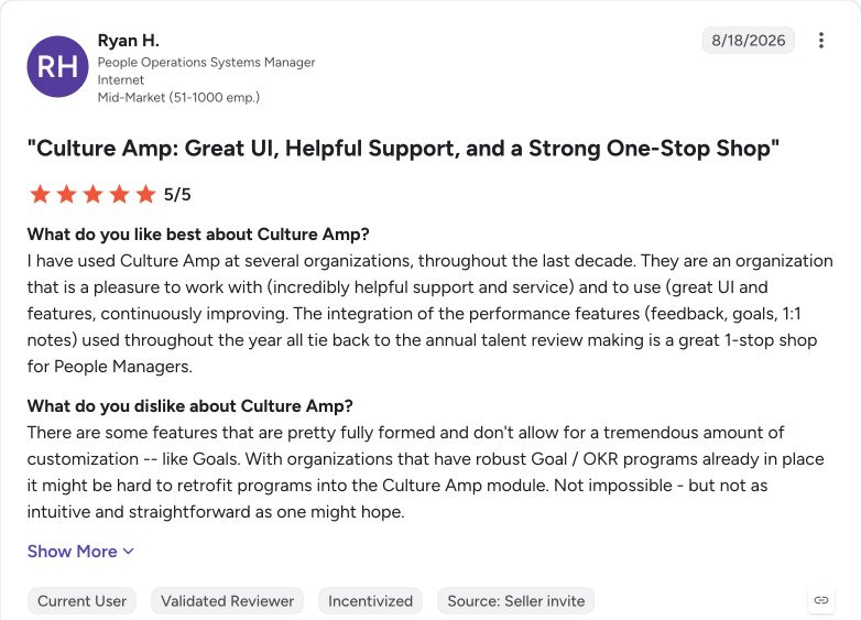 G2 review capture for Culture Amp from Ryan H.