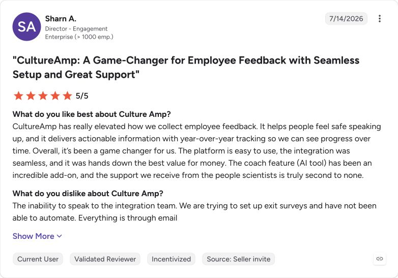 G2 review capture for Culture Amp from Sharn A.