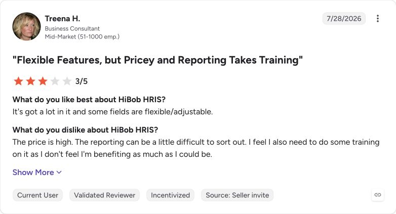 G2 review capture for HiBob from Treena H.