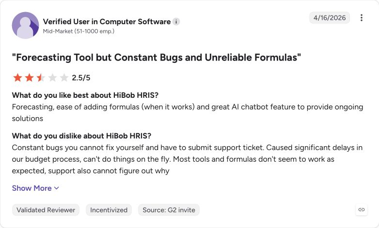 G2 review capture for HiBob from Verified User in Computer Software
