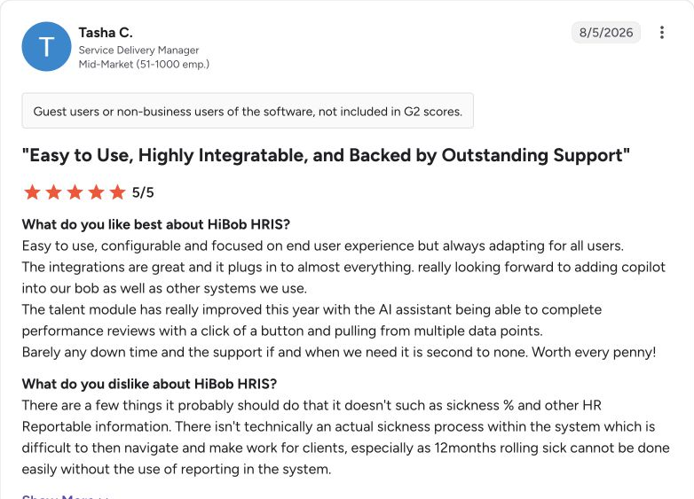 G2 review capture for HiBob from Tasha C.