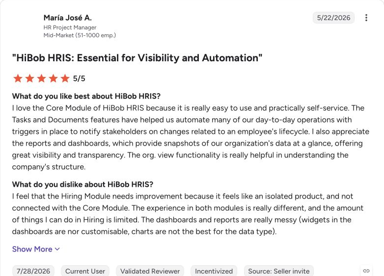 G2 review capture for HiBob from Maria Jose A.