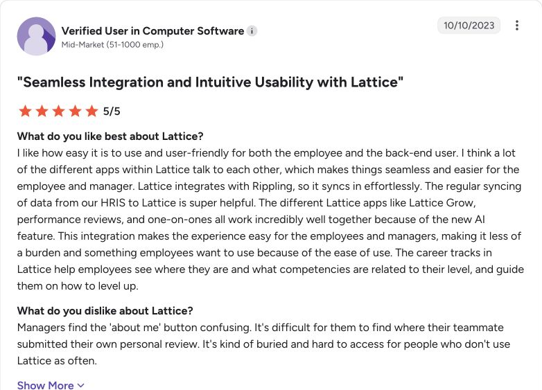 G2 review capture for Lattice from Verified User in Computer Software