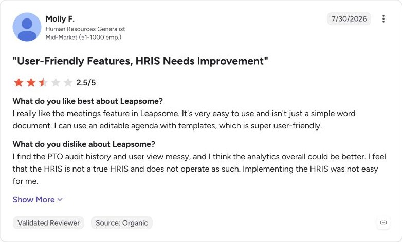 G2 review capture for Leapsome from Molly F.