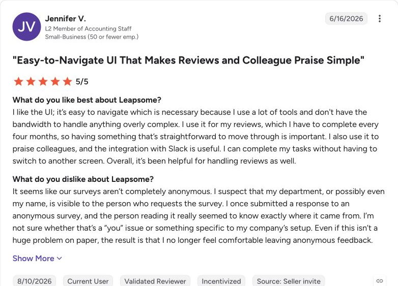 G2 review capture for Leapsome from Jennifer V.
