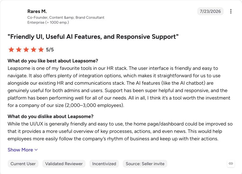G2 review capture for Leapsome from Rares M.