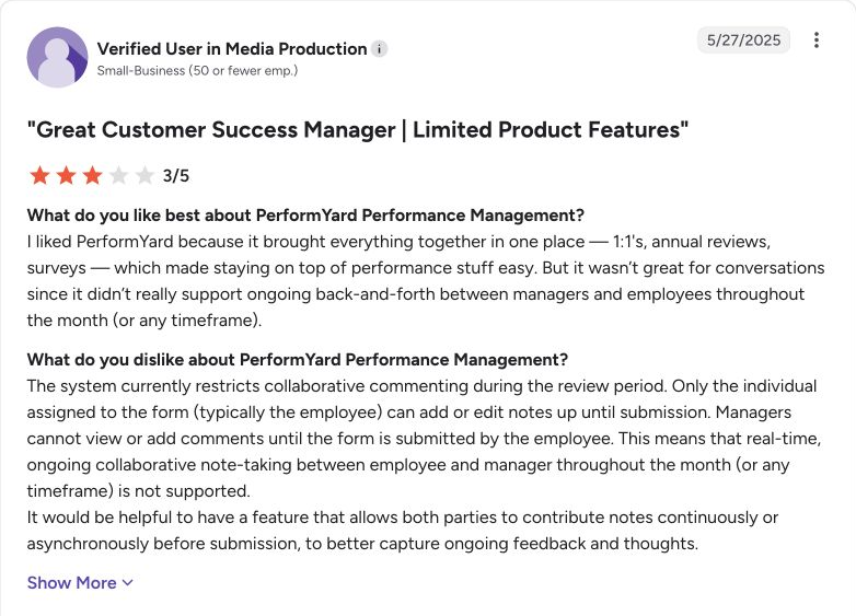 G2 review capture for PerformYard from Verified User in Media Production