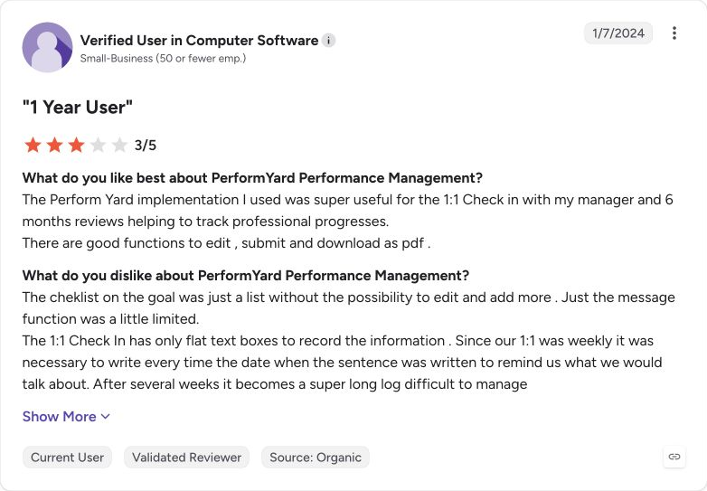 G2 review capture for PerformYard from Verified User in Computer Software