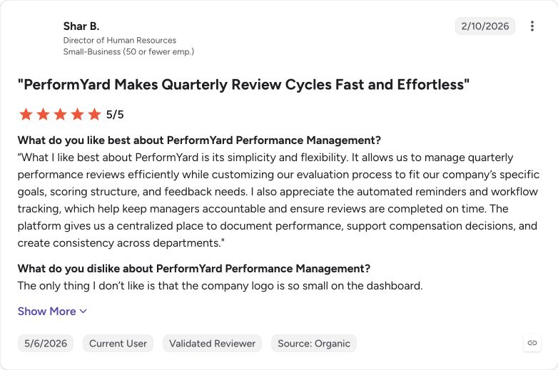 G2 review capture for PerformYard from Shar B.