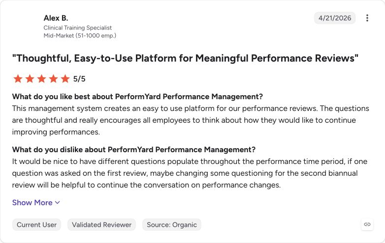 G2 review capture for PerformYard from Alex B.
